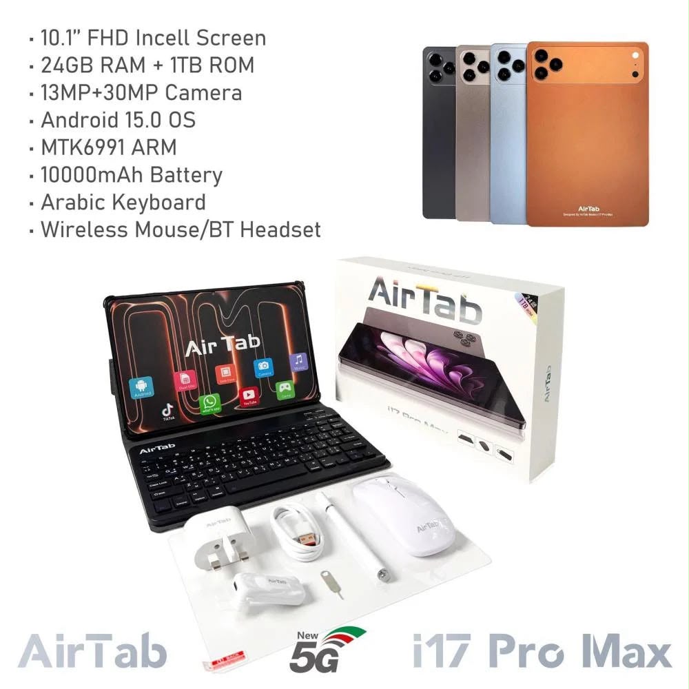 AirTab i17 Pro Max - تابلت 2 في 1 بشاشة 10.1 بوصة، ذاكرة 24GB وتخزين 1TB